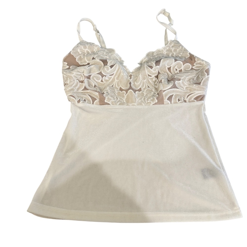 Y2K Boston Proper Velvet Lace Babydoll Camisole Tank Top Womens XS White Stretch